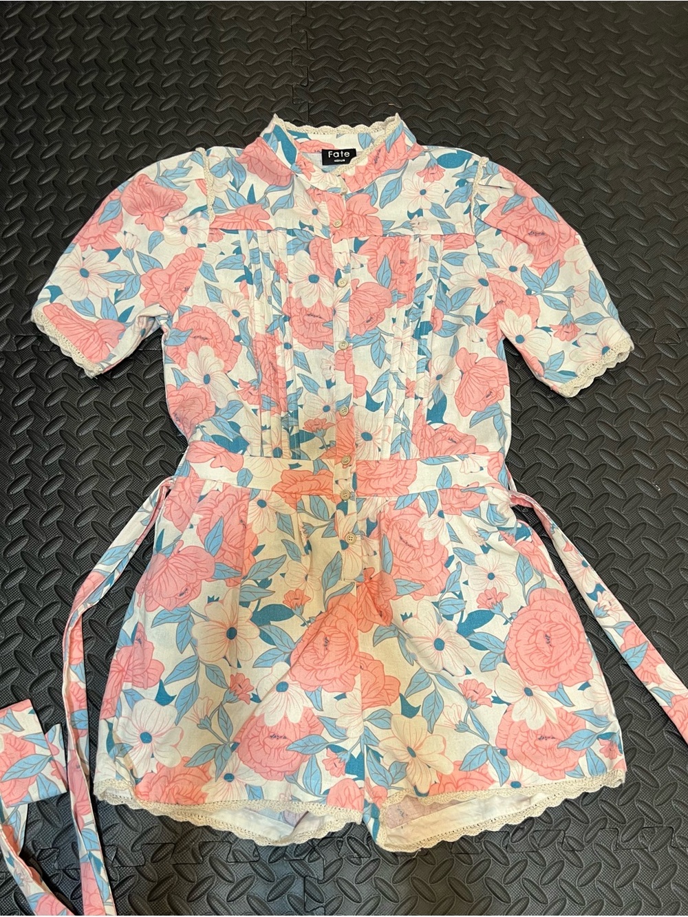 Fate Crochet-Trim Floral Top in Coral Pink & Sky Blue